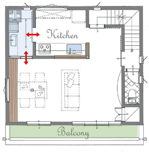 キッチン、プラン図、家事動線